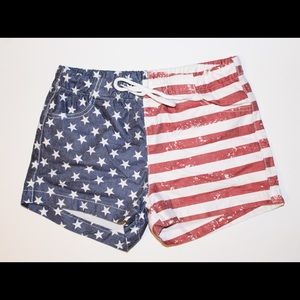 Fun American flag jean shorts with adjustable tie.